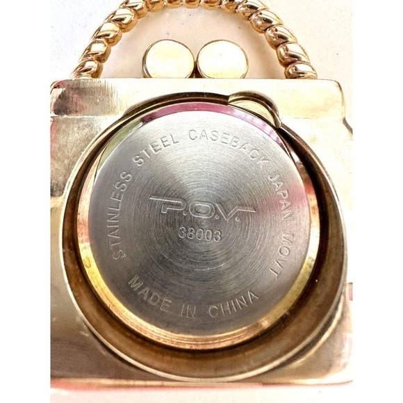 VTG P.O.V. Purse Shaped Quartz Watch White MOP Face Rhinestones Works - Picture 4 of 5